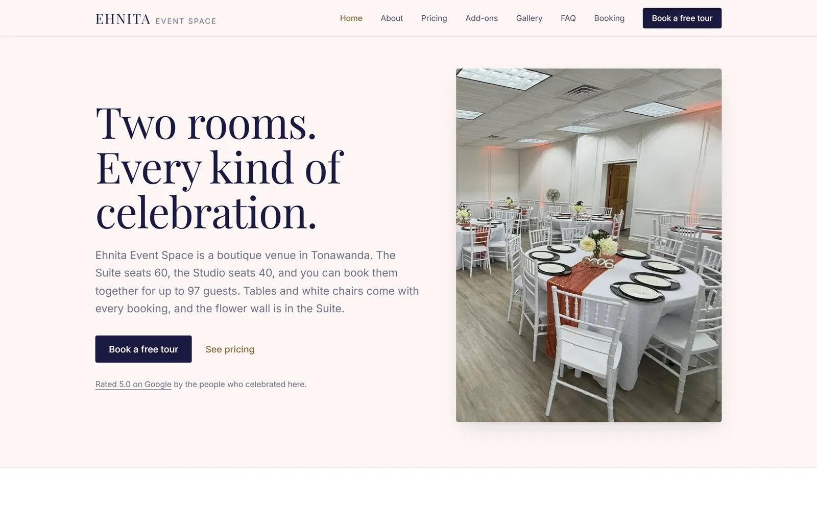 Ehnita Event Space homepage on a desktop screen